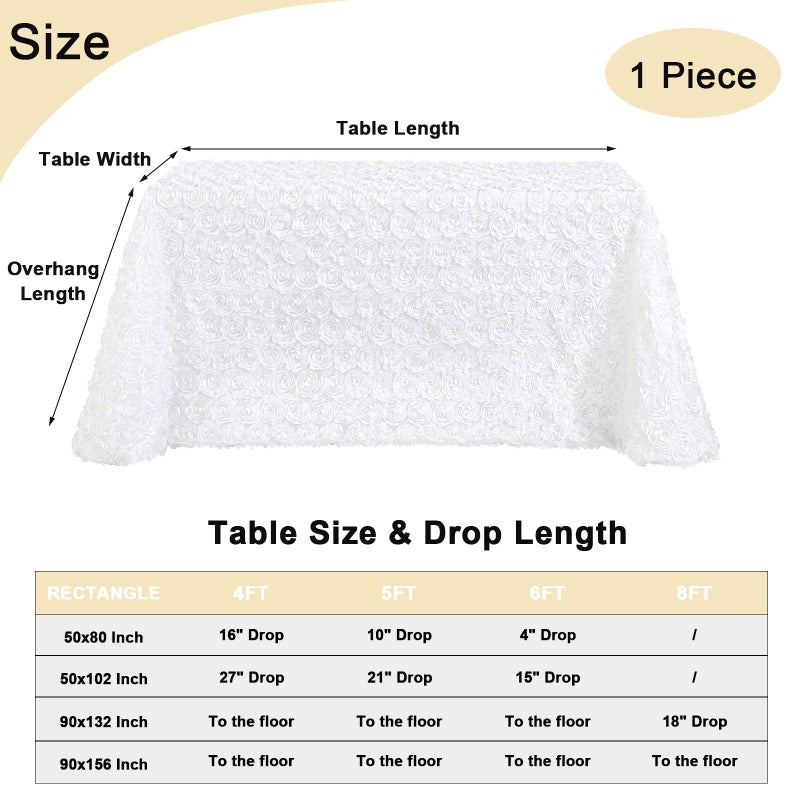 Fanqisi White 3D Floral Satin Raised Rosettes Tablecloth Rectangular 90x132 Inches Rosette Tablecloth for Wedding Baby Shower Table Bridal Shower Meeting Events Decoration - Image 4